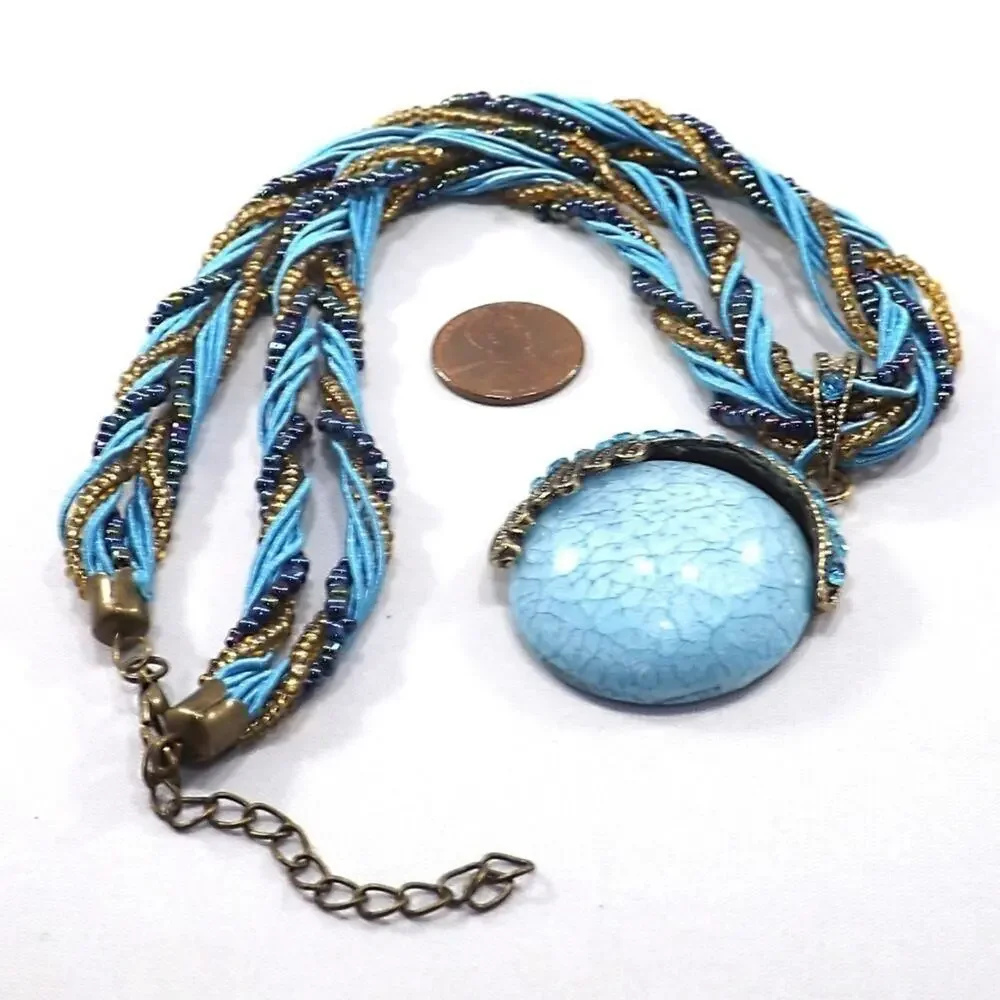 Blue Rhinestone Lucite Pendant Seed Bead Necklace, 19 Inches
